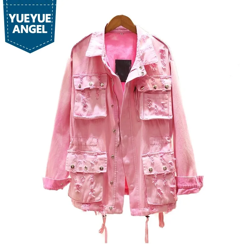 

Sweet Pink Girl Autumn Denim Coat Female Big Pockets New 2019 Top Zip Loose Fit Casual Womens Jeans Jacket Ripped Chaqueta Mujer