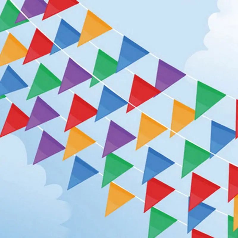

38m Triangle Flag Festival Pennant String Banner Buntings Colorful Festival Holiday Decoration Pompom for Cheerleading Souvenir