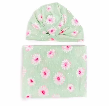 Пеленальное Одеяло для малышей, комплект с бантиком, шапка, подарок новорожденному, Цветочный, Parrern, больничный набор для укачивания с шапкой, хлопок, 1 комплект