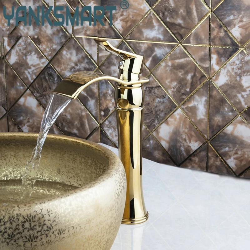 

YANKSMART Bathroom Mixer Luxury Tall Single Hole Polished Golden Wide Waterfall Spout Bathroom Wash Basin Sink Mixer Tap Faucet