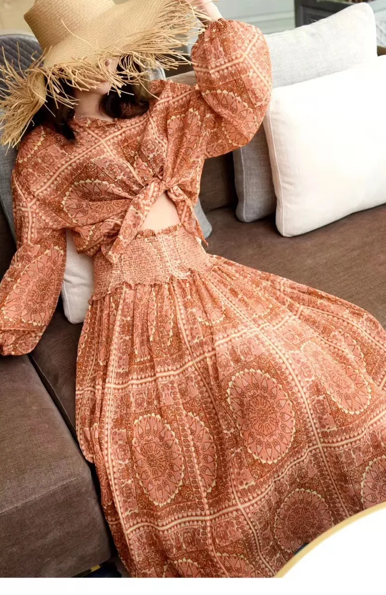 

EXCOSMIC Designer Red Dress Women's High Quality Puff Sleeve Embroidery Cutout Loose Casual Resort Elegant Long Runway Dresses