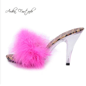 Summer sexy elegant  2019 fashion  women's shoes sexy red pink feather leopard print slippers temperament cone heels mules 43 44