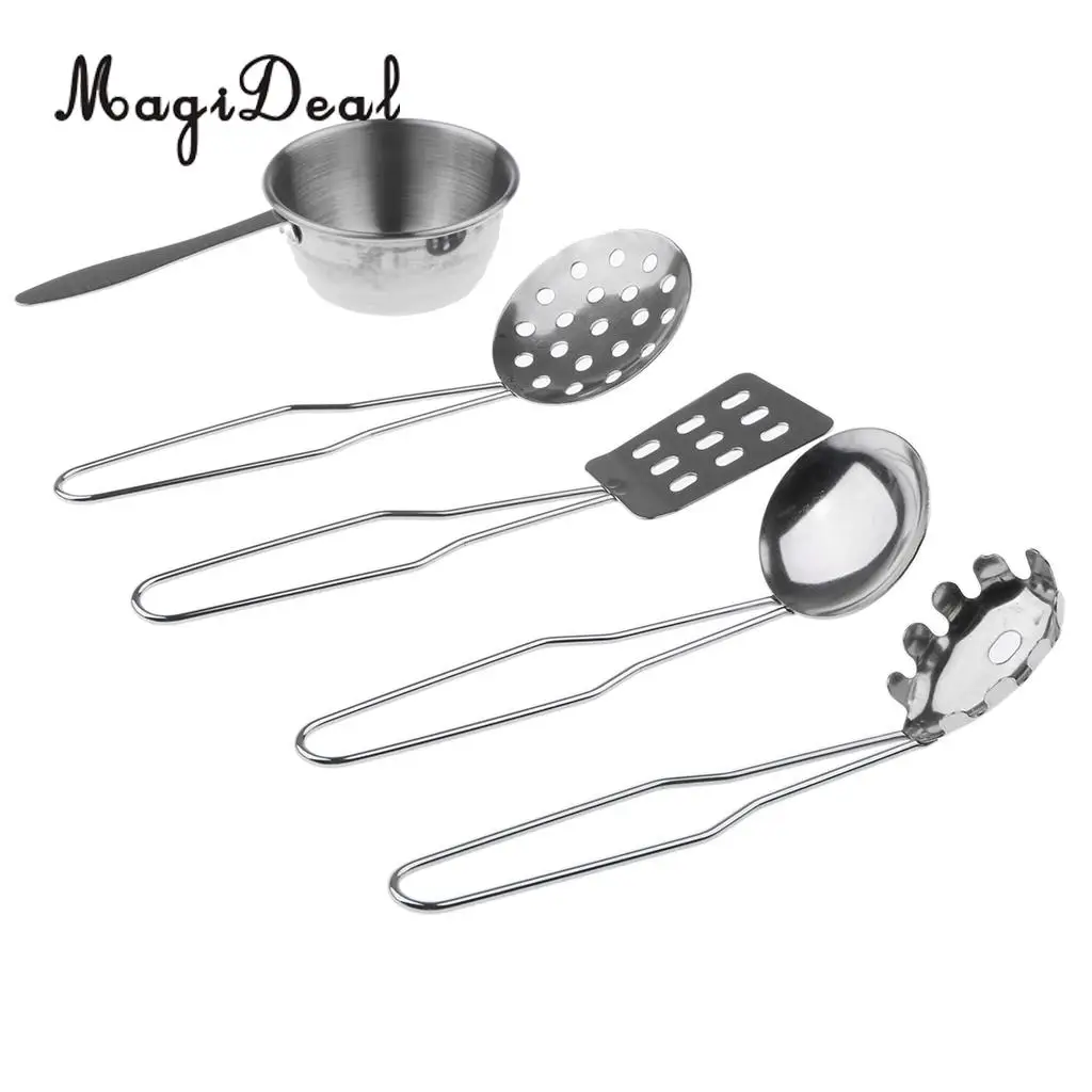 1Set Stainless Steel Kitchen Cooking Utensils Toy Dollhouse Decoration Children Kids Pretend Play Toy Sliver