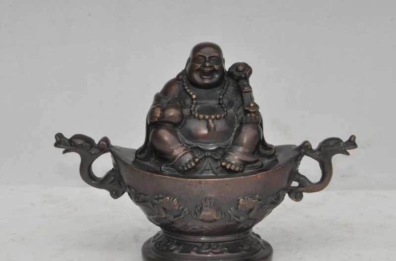 

6"chinese bronze yuanbao ruyi dragon play bead beast head Maitreya Buddha statue