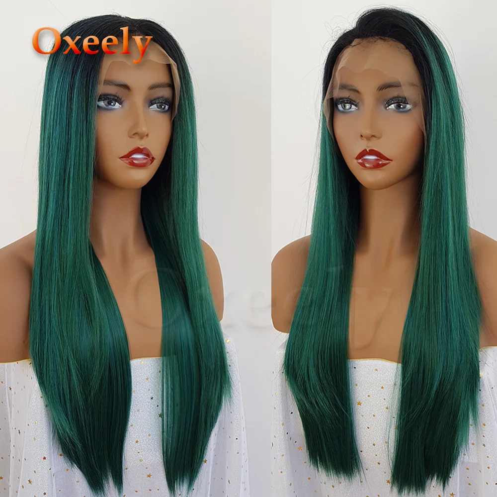 

Oxeely Long Straight Ombre Green Wigs Synthetic Lace Front Wig Dark Roots Mix Blue Color Wigs for Women Glueless Soft Hair