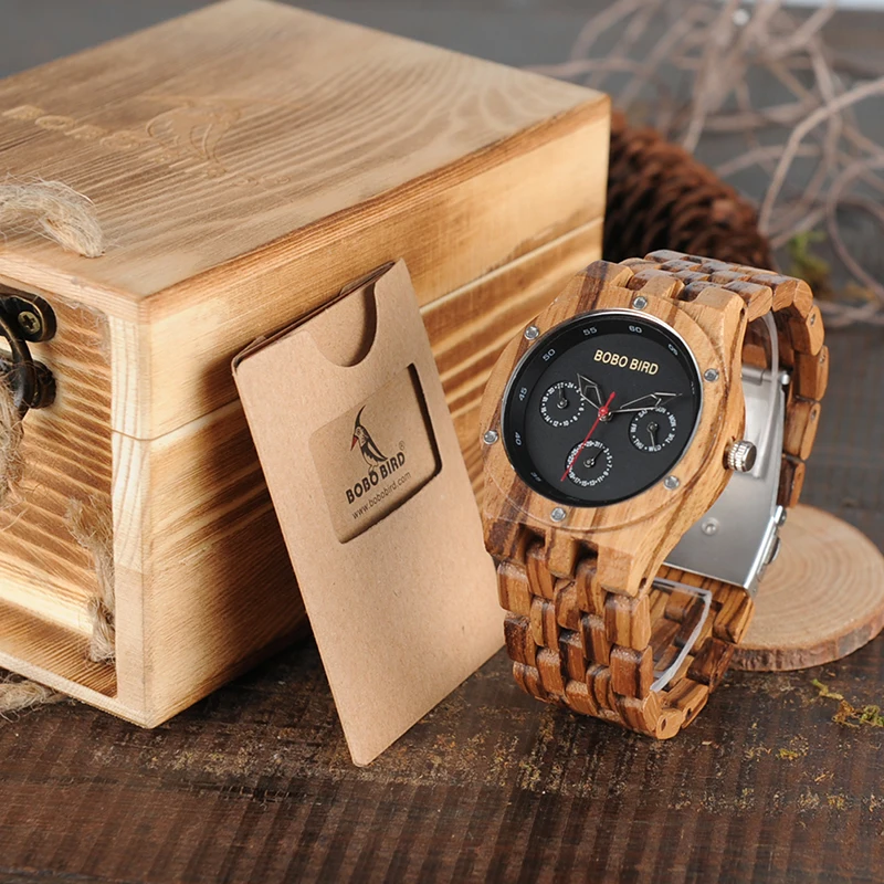 BOBO BIRD Men Watch Date Time Week 24 Hours Wooden WristWatches Round Quartz Watch With Gift Box custom logo