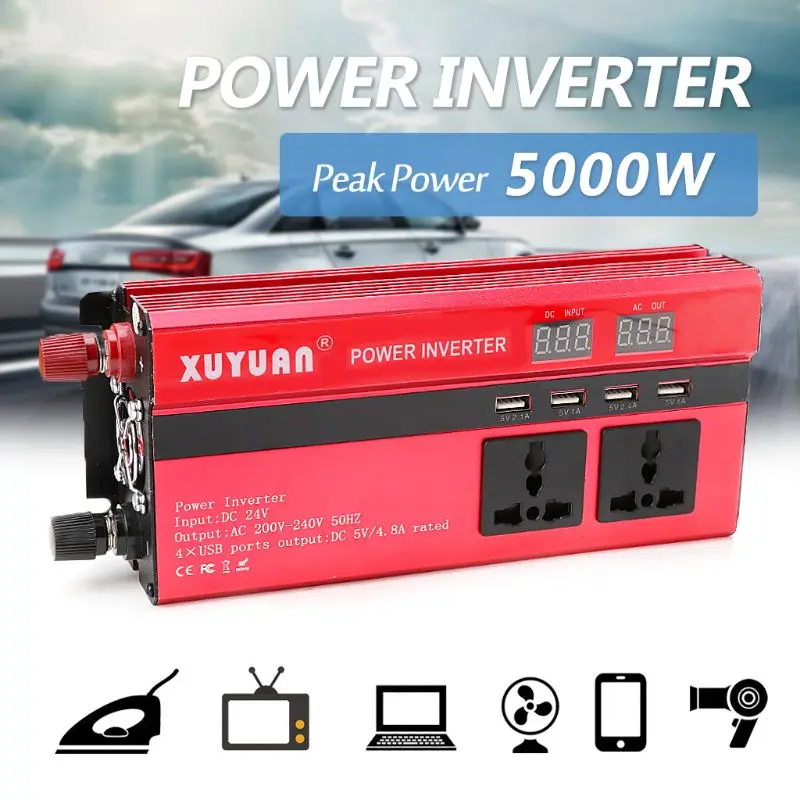 US $60.10 5000w Solar Car Power Inverter Led Dc12v To Ac110220v Sine Wave Converter 4 Usb Interfaces