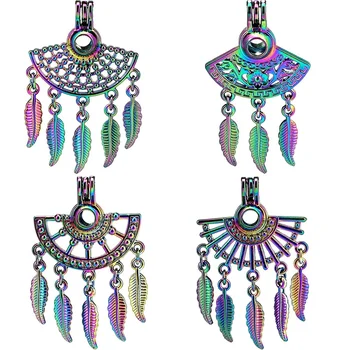 

20X Boho Rainbow Filigree Semi-circular Leaf Tassel Beads Cage Essential Oil Diffuser Pearl Cage Locket Pendant