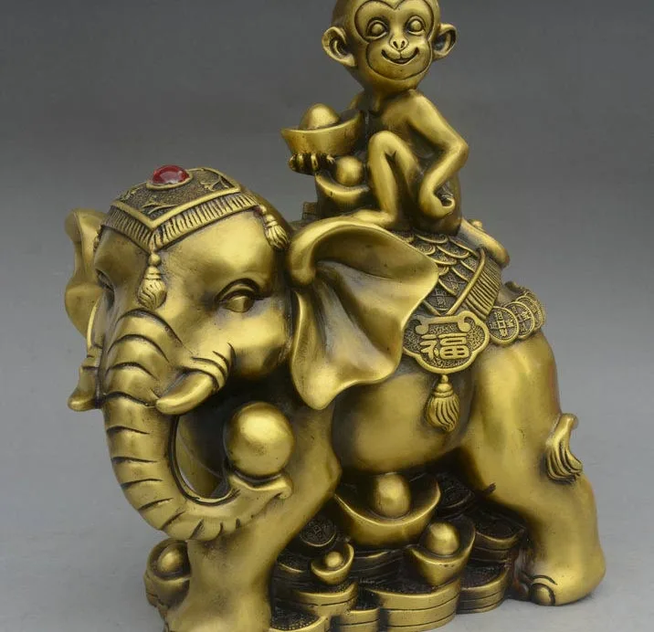 

12" Chinese Bronze Fengshui Zodiac Year Monkey Ride Elephant Yuanbao Coin Statue