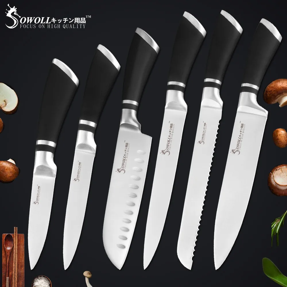 

Sowoll 6 Pcs Kitchen Knives Set Good Quality Economical Stainless Steel Knife Set Chef Bread Slicing Santoku Utility Fruit knife