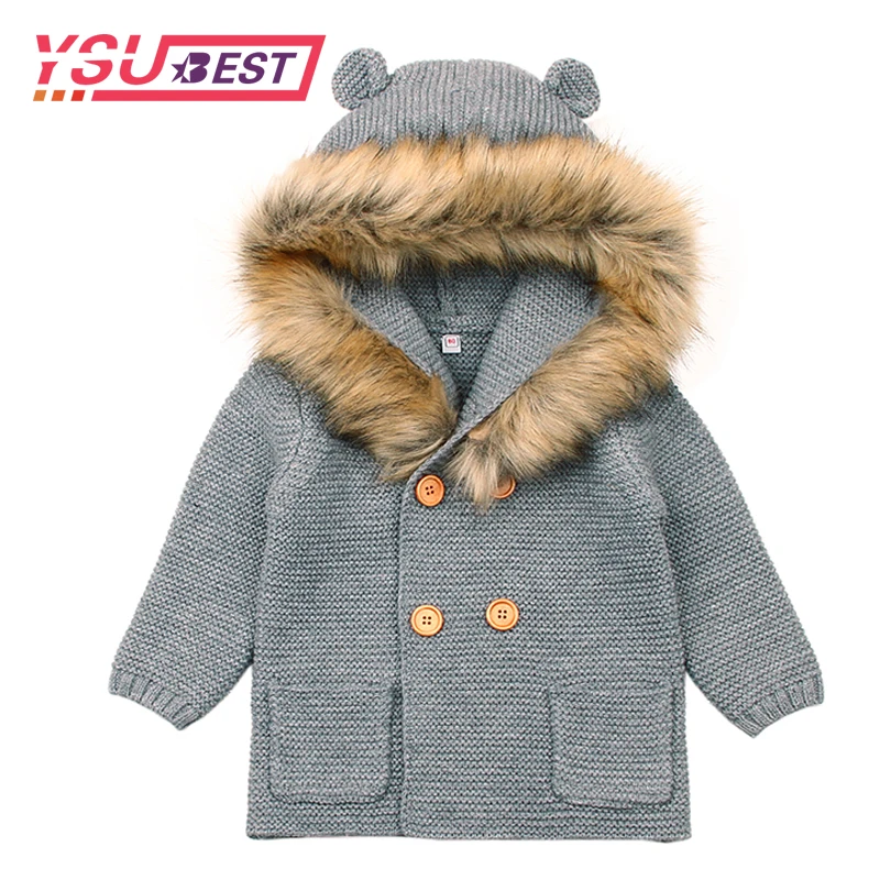 2018 Winter Warm Newborn Baby Sweater Fur Hood Detachable Grey Infant Boys Girl Knitted Cardigan Fall Outwear Children Knitwear