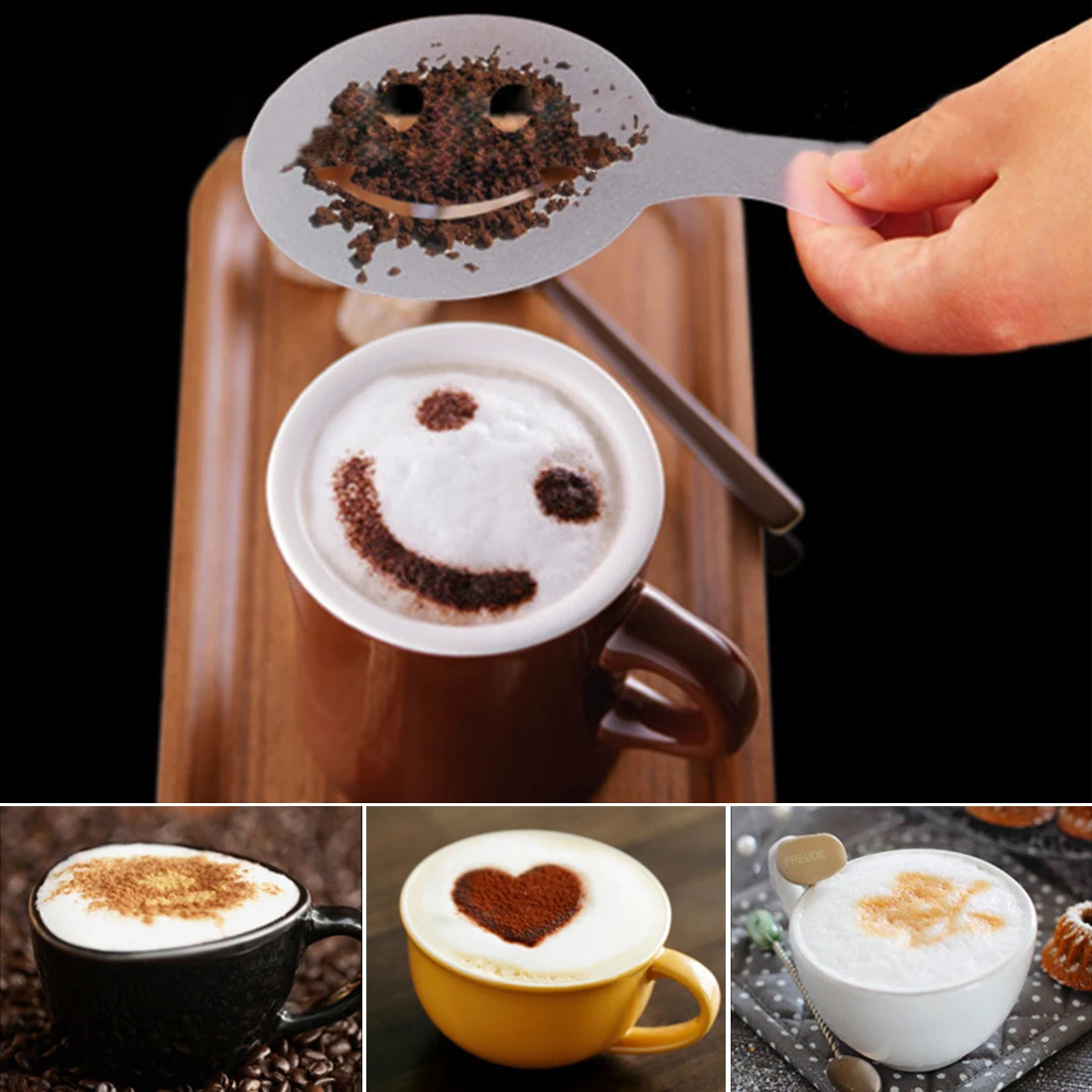 

16pcs/lot Coffee Stencils Mike Tea Cappuccino Barista Art Drawing Foam Spray Stencils Cake Duster Templates Coffee Printing Mold