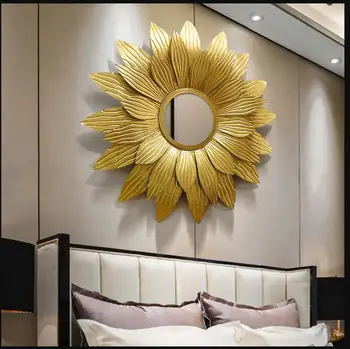 

American Wrought Iron Decorative Mirror Wall Sticker Home Light Luxury Sunflower Wall Hanging Crafts Livingroom Wall Mural Decor