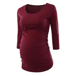 Для женщин Сторона Ruched с рукавами 3/4 для беременных Scoopneck футболка Беременность одежда