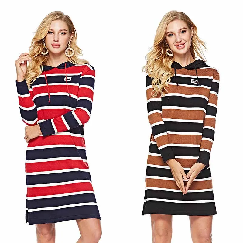 

Knitted Dresses Women Winter Autumn Striped Hooded Pullover 2018 Long Sleeve Wrap Harajuku Sweatshirt Sporty Midi Sweater Dress