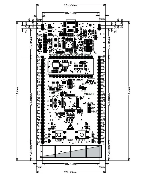 STM32L152C-DISCO board dimensions