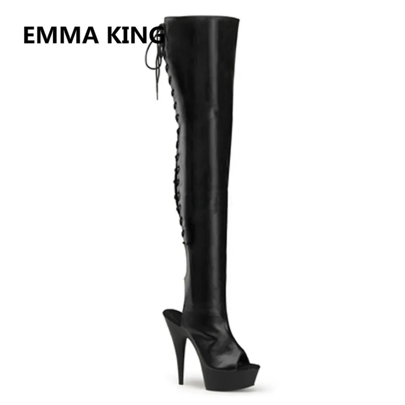 

Runway New Women Over The Knee Knight Boots Peep Toe Back Lace Up Sexy High Heels Ladies Platform Slingback Shoes Woman Botas