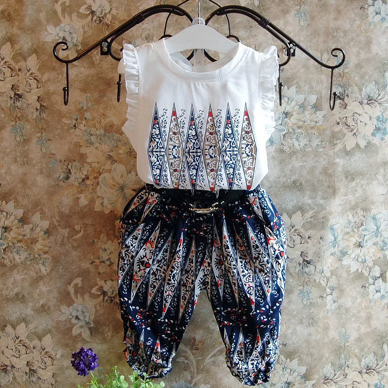 

Summer Girls Blouse Pants 2 Pcs Sets Colourful Rhombus Sleeveless Vest + Trousers Suit Female Children's Clothes (no Belt) 3-7 Y