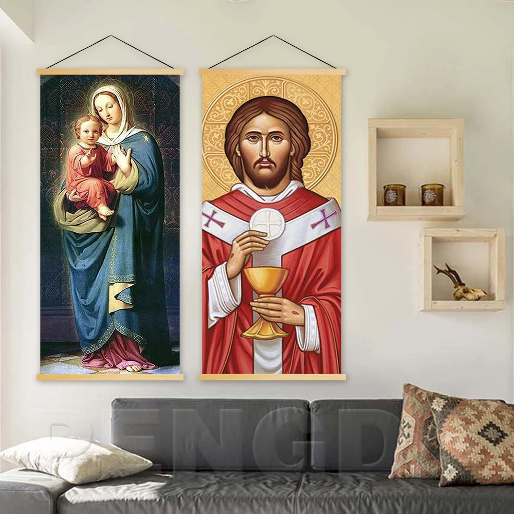 

Home Decoration Print Pictures Canvas Christian Jesus Virgin Mary Poster Wall Art Wooden Scroll Hanging Painting For Living Room