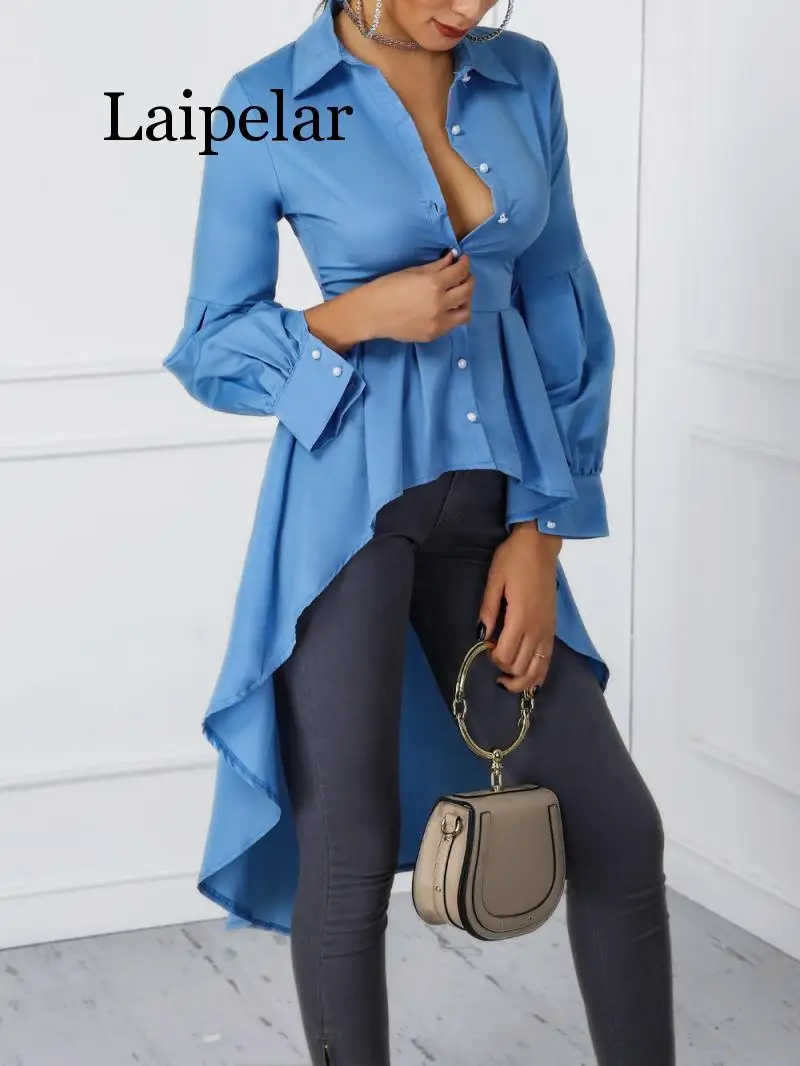 Laipelar 2019 Vrouwen Mode Kantoor Elegante Werkkleding Casual Shirt Dames Top Lantaarn Mouw Knop Ontwerp Dip Zoom Blouse