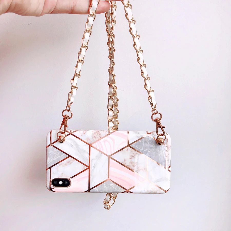 

marble chain strap tpu case for iphone 8 7 6 6s plus XR XS XS MAX case cover fashion plating shoulder lanyard soft silicon phone