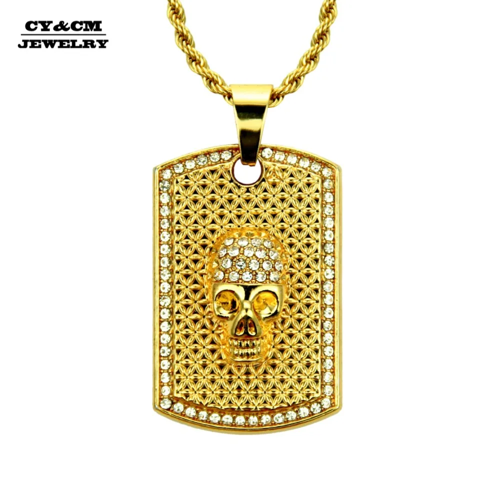 CY &amp CM хип-хоп Iced Out Bling кулон Череп Скелет Золотой цвет горный хрусталь армейская