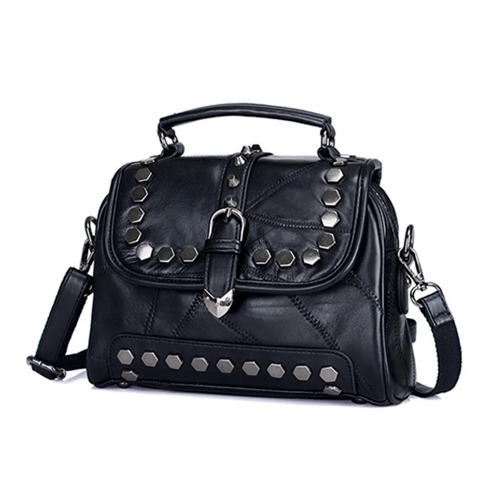 Kopen 2018 Echt Leer Vrouwen Patchwork Handtassen Dames Schouder Messenger Bags Merken Designer Klinknagel Vrouwtjes Crossbody Tassen Sac