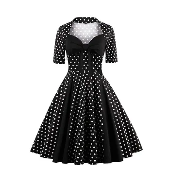 

Nice Dress 1841s Summer Women Black Polka Dot Party A- Line Bowknot Sexy Dress Elegant V Neck Mid Waist Women Nice Dresses