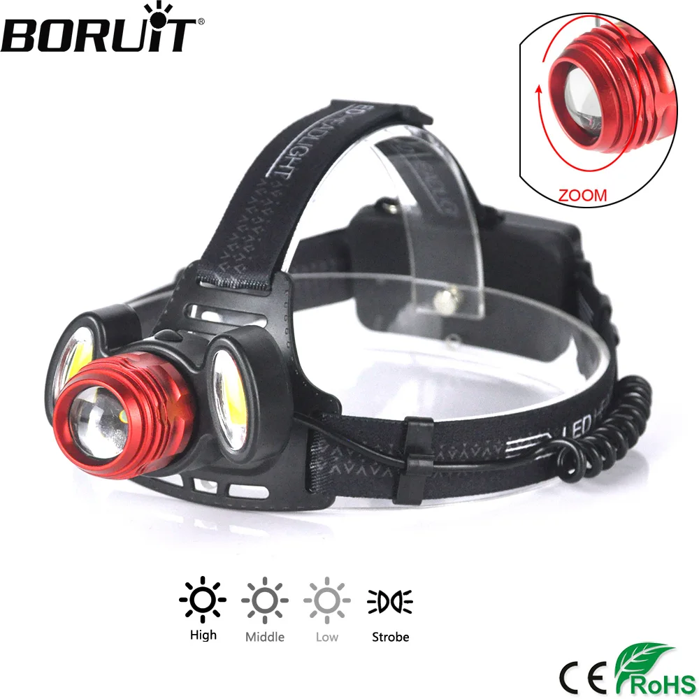 Best BORUiT XQ 150 3000LM T6 COB LED Headlight 4 Mode Zoom Headlamp Rechargeable Head Torch Camping Flashlight by 18650 Battery