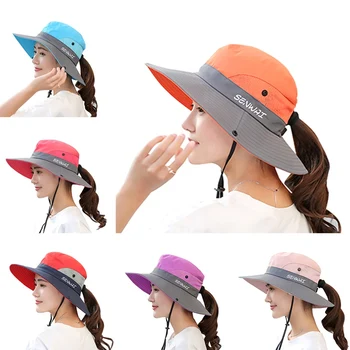 

Outdoor Bucket Hat Wide Brim Quick Drying Breathable Packable Foldable Sunshade Sun Ponytail Cap With Chin Strap