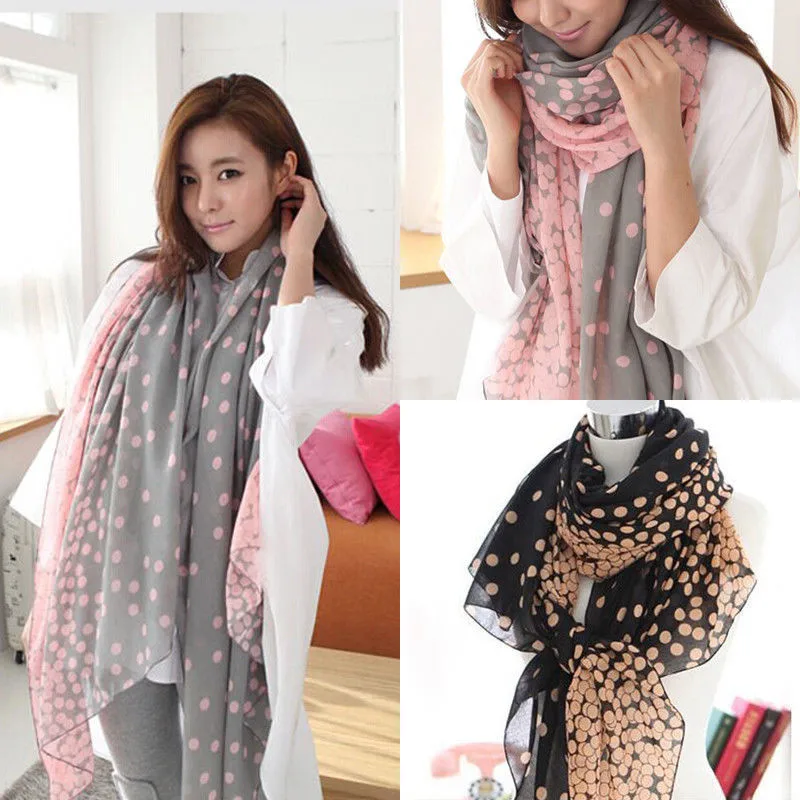 

Fashion Women Ladies Chiffon Long Polk Dots Print Pattern Shawl Soft Wrap Long Shawl Scarves