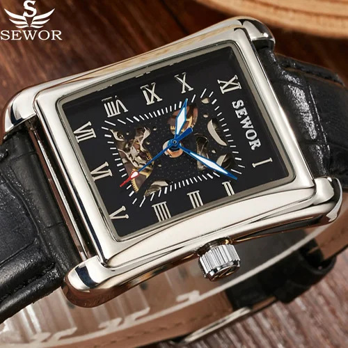 

SEWOR Luxury Brand Rectangle Black Skeleton Mechanical Watch Men Leather Wristwatch Men Casual Business Watch Relogio Masculino