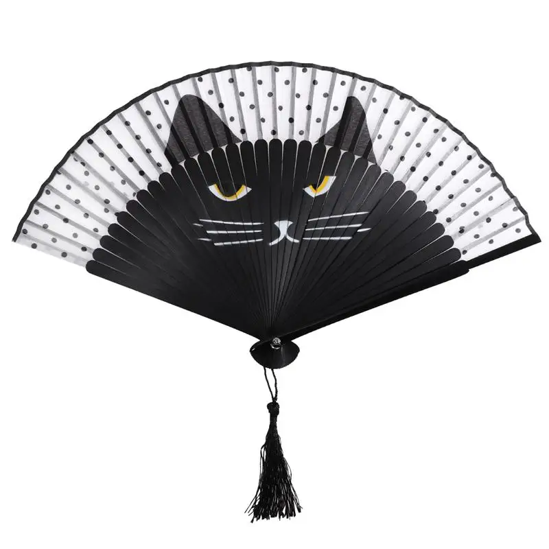 

1PC Cat Fan with Tassel Bamboo Cartoon Silk Folding Handheld Fan for Women Girls Ladies