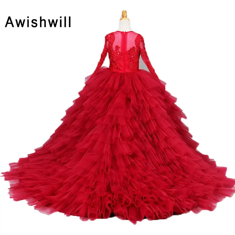 Настоящая фотография Красный бальное платье для девочек в цветочек платья с длинным рукавом из бисера аппликации многоуровневого тюль платье для причастия для девочек День рождения