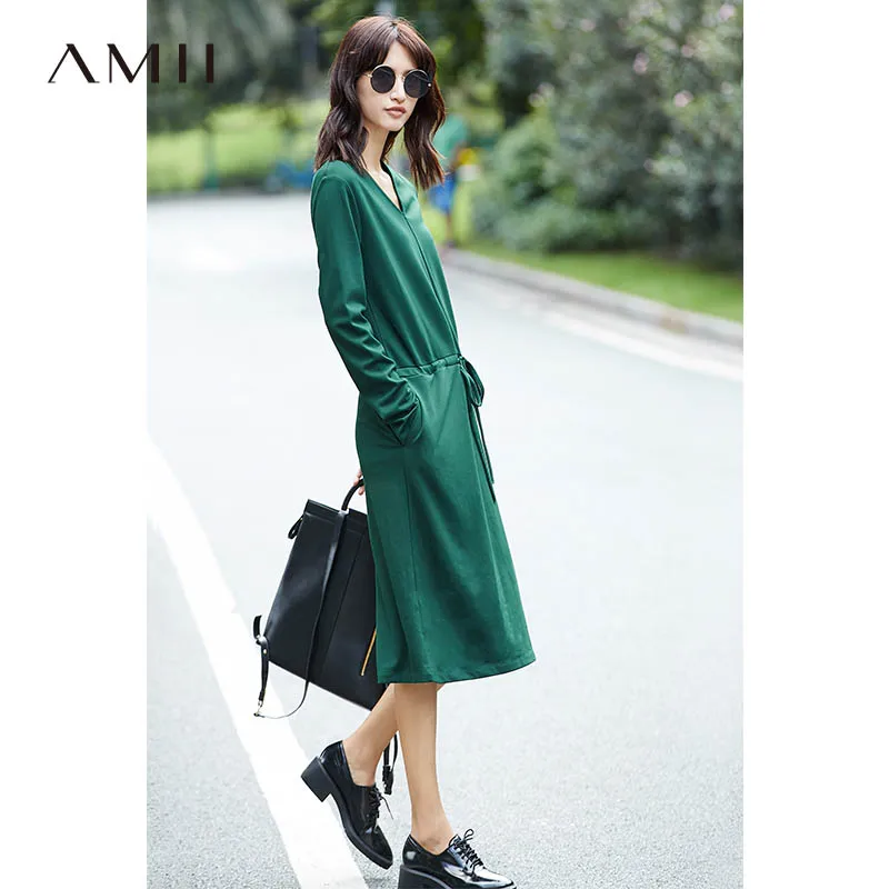 

Amii Casual Women Minimalist Dress 2018 Loose V Neck Straps Female Dresses