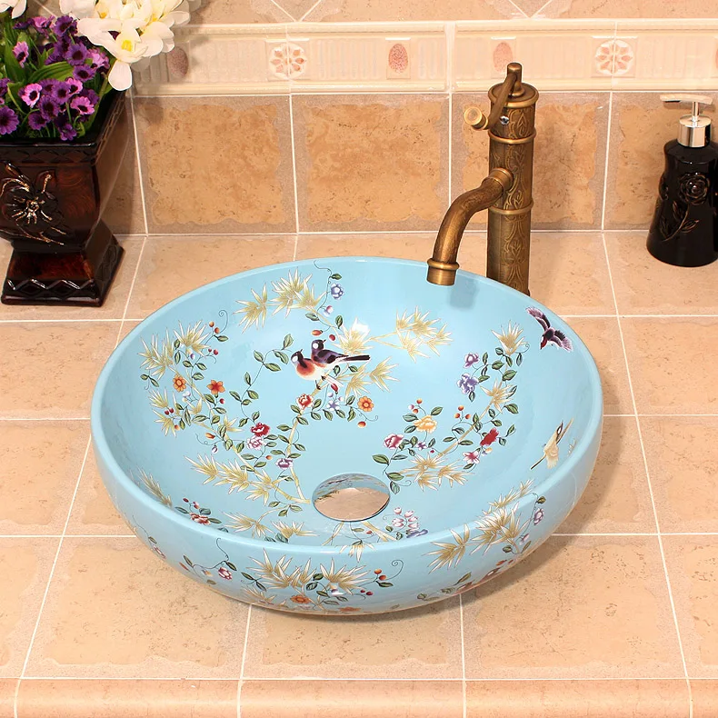 China Painting Flowers And Birds Ceramic Painting Art Lavabo Bathroom