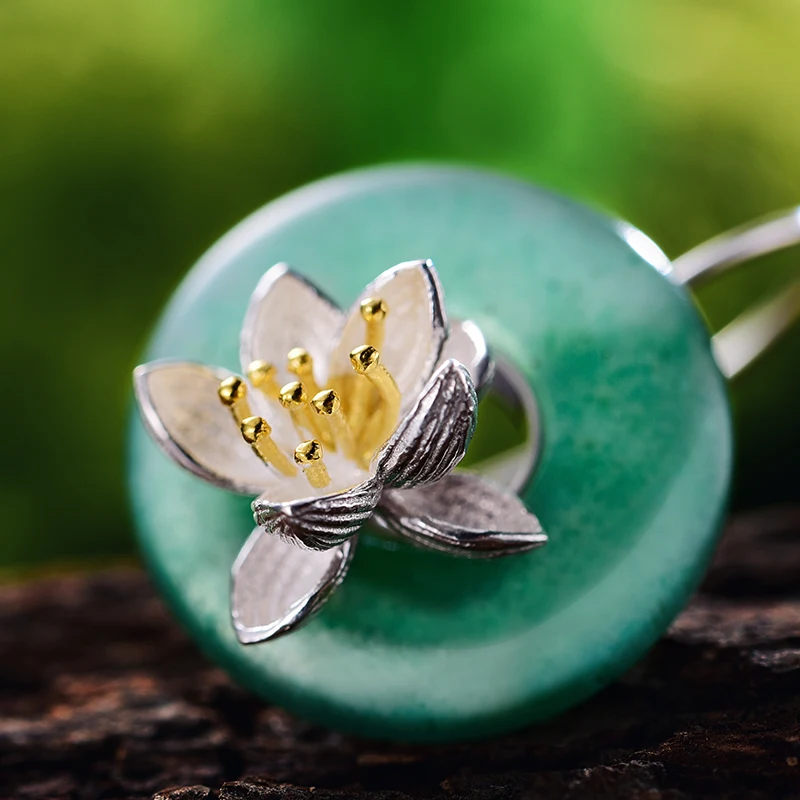 Lotus Fun Genuine 925 Sterling Silver Earrings for Women Round Green Aventurine Flower Hook Drop Earring valentines day gift