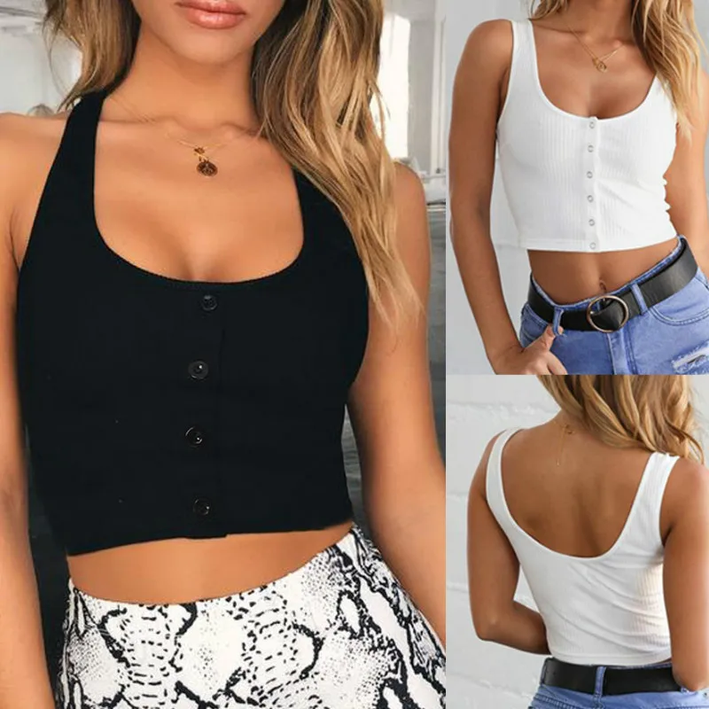 

2019 Fashion Sexy Women Short Sleeve Crop Top Button Vest Halter Casual White Tank Tops Blouse Short Shirt