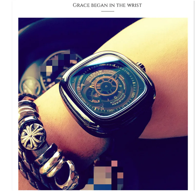 GLENAW 2019 أعلى العلامة التجارية الفاخرة ساعة رجالي 30 m للماء تاريخ ساعة مربع رجل الميكانيكية ووتش العسكرية ساعة اليد Relogio