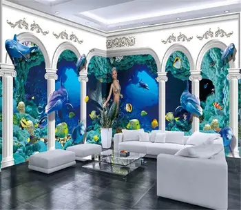 

2019 New 3d Wallpaper Underwater World Roman Column Palace Dolphin Whole House Background Wall Painting Beautiful Wall paper