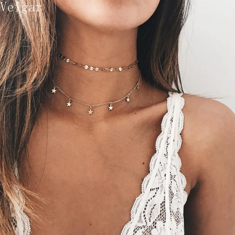 

Metal Sequins Choker Necklace Double Chains Stars Pendant Tassel Necklaces for Women 2018 Fashion Jewelry Clavicle Chain