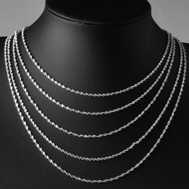 

1PC 2mm Width Pure 925 Sterling Silver Charm Rope Necklace Chains Jewelry With Good Quality Lobster Clasps Set 16-24Inches