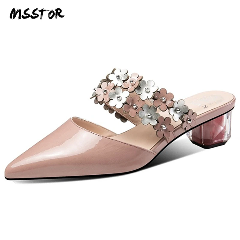 

MSSTOR Appliques Mules Woman Plus Size Pointed Toe Elegant Fashion Sexy Summer Slippers Women Strange Style Pink Shoes Woman