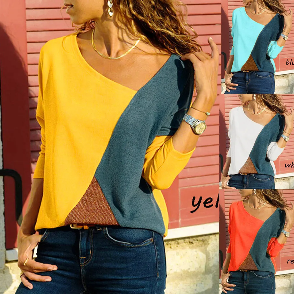 

Women O-Neck Splicing Color Collision Long Sleeves Plus Size Easy Tops Blouse Women's Stitching Contrast Color Round Neck Casual