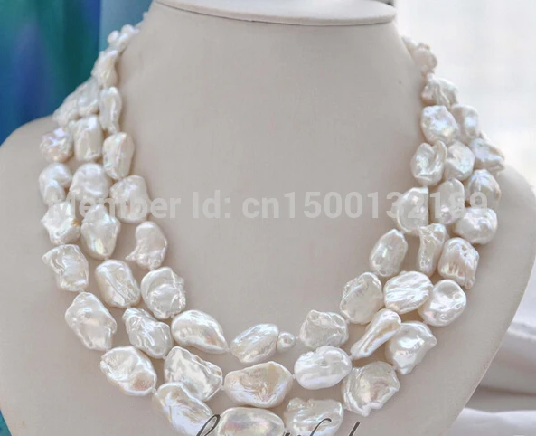 

j007 3strands 19mm BAROQUE white KESHI REBORN PEARL NECKLACE mabe clasp (C0309)