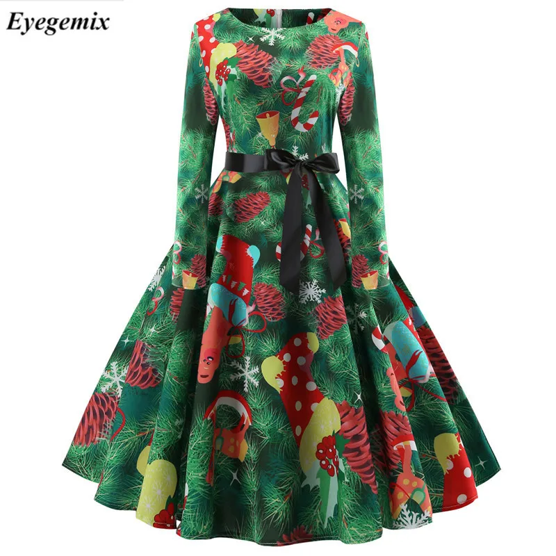 

Christmas Party Vestidos Autumn Winter Floral Print Vintage Dress Elegant Midi Dresses Tunic Robe Femme Casual Festival Dress