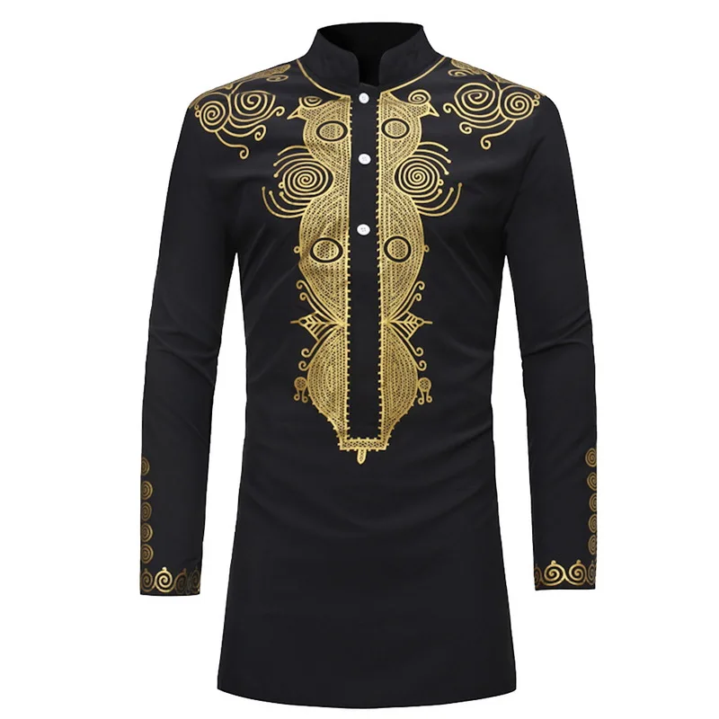 Весенняя мужская длинная рубашка, Дашики, платье, рубашка, этническая Африка, Мужская одежда, модный дизайн, традиционный 3D принт, мужская рубашка - Цвет: Черный