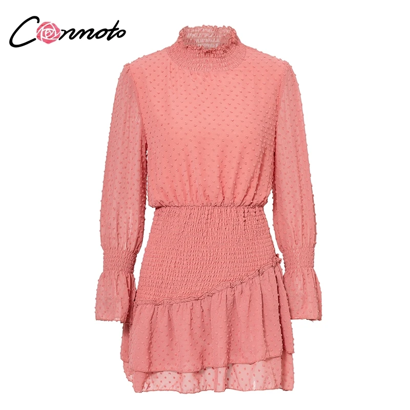 Conmoto Свободное платье-водолазка в горошек, ретро-платье с длинными рукавами, зелёное платье для вечеринок, повседневное платье с воланами - Цвет: Розовый