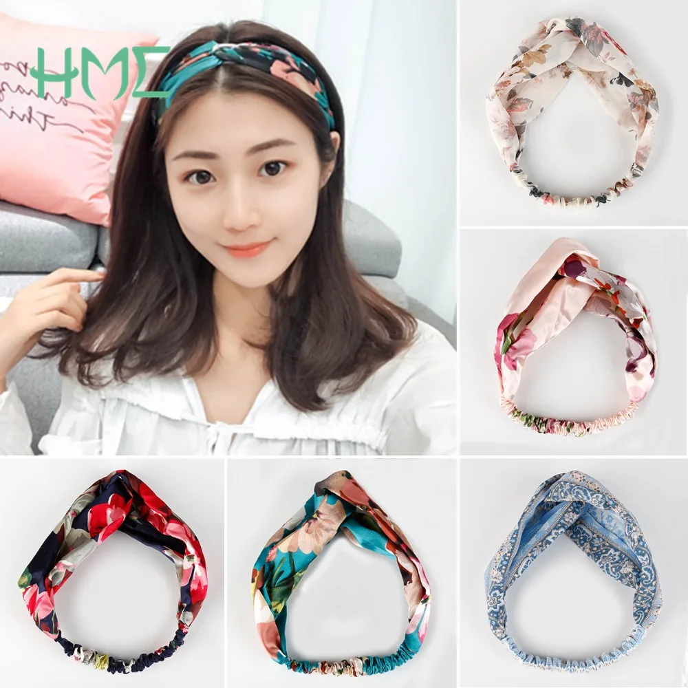 

New Fashion Flower head band Retro Women Elastic Turban Twisted Knotted Ethnic Floral Wide Stretch Girl Hair Jewelry Accessories