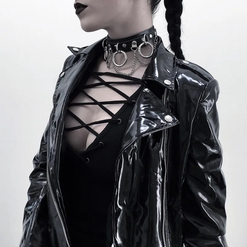 

metal circle Chain Pu Leather Choker Women Punk Harajuku Goth Belt Necklace Choker Bondage Cosplay Club Party Jewelry Female